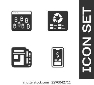 Set Mobile with dollar, Bitcoin in browser, Stock market news and Pie chart infographic icon. Vector