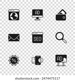 Set Mobile with dollar, Magnifying glass, Advertising, SEO optimization, Wallet money, Worldwide,  and Mail and e-mail icon. Vector