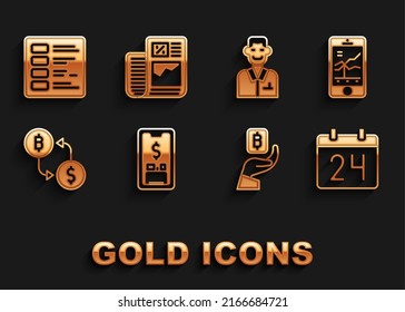 Set Mobile with dollar, stock trading, Calendar, Hand holding Bitcoin, Cryptocurrency exchange, Trader, Business finance report and  icon. Vector