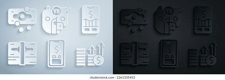 Set Mobile with dollar, stock trading, Stacks paper money cash, Financial growth and, Bull bear of market and  icon. Vector