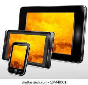 Set of Mobile Electronic Technics with a fantastic background on the screen. Vector