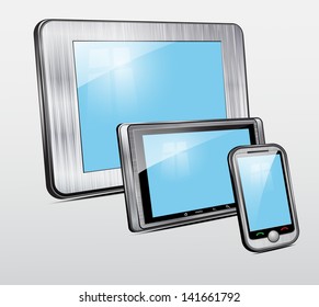 Set of mobile electronic technics. Metal case. Vector.