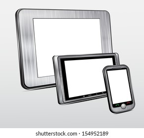 Set of mobile electronic technics. Metal case. Vector