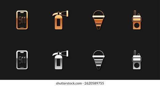 Set Mobile emergency call 911, Fire extinguisher, cone bucket and Walkie talkie icon. Vector