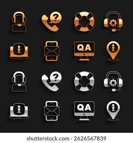 Set Mobile and envelope, Headphones, Location with information, Question Answer, Laptop, Lifebuoy, Man headset and Telephone 24 hours support icon. Vector
