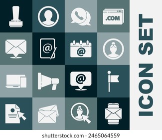 Set Mobile and envelope, Location marker, Create account screen, Telephone with speech bubble chat, Mail e-mail, Envelope, Stamp and Calendar email icon. Vector