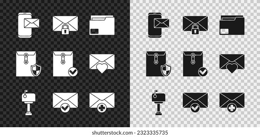 Set Mobile and envelope, Mail message lock password, Document folder, box, Envelope check mark, Received concept, with shield and  icon. Vector