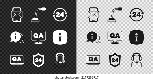 Set Mobile and envelope, Microphone, Telephone 24 hours support, Question Answer, Man with headset, Information and  icon. Vector