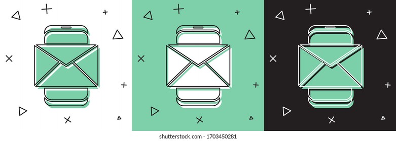 Set Mobile and envelope, new message, mail icon isolated on white and green, black background. Usage for e-mail newsletters, headers, blog posts.  Vector Illustration