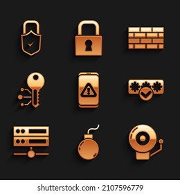 Set Mobile with exclamation mark, Bomb ready to explode, Ringing alarm bell, Password protection, Server, Data, Web Hosting, Cryptocurrency key, Firewall, security wall and Lock and check icon. Vector