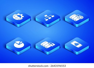 Set Mobile with exclamation mark, Globe of the Earth and gear, Server security lock, Pie chart infographic, Hierarchy organogram and  icon. Vector