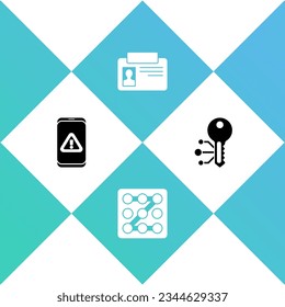 Establecer móvil con signo de exclamación, protección de contraseña gráfica, insignia de identificación e icono de clave de criptografía. Vector