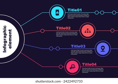 Set Mobile with exclamation mark, Hierarchy organogram chart, Location sales funnel and Hand settings gear. Business infographic template. Vector