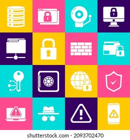 Set Mobile with exclamation mark, Shield check, Folder and lock, Ringing alarm bell, Lock, FTP folder, Server, Data, Web Hosting and Firewall, security wall icon. Vector