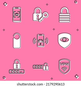 Set Mobile and eye scan, Lock key, , Please do not disturb, Smart car alarm system and Shield icon. Vector