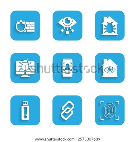 Set Mobile and face recognition, Chain link, Fingerprint, House with eye scan, USB flash drive, System bug monitor, system and Firewall, security wall icon. Vector