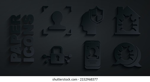 Establece el reconocimiento de móvil y de cara, fallo del sistema de la casa, ciberseguridad, sistema, cabeza con escudo e icono de cara. Vector