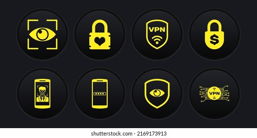 Establece el reconocimiento de móvil y de cara, el bloqueo de dinero, la contraseña, el ojo Escudo, con la conexión inalámbrica VPN y el icono de corazón de Padlock. Vector