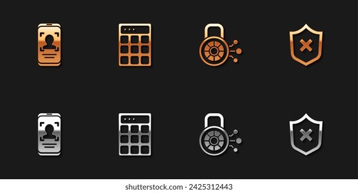 Set Mobile and face recognition, Password protection, Cyber security and Shield with cross mark icon. Vector