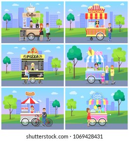 Set of mobile fast street food kiosks in city park vector illustration with pretty design kiosks of food, coffee popcorn pizza ice cream and hot dog