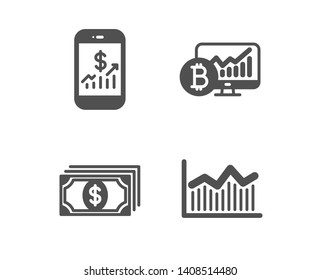 Set of Mobile finance, Bitcoin chart and Payment icons. Money diagram sign. Phone accounting, Cryptocurrency statistics, Finance. Currency diagram.  Classic design mobile finance icon. Flat design
