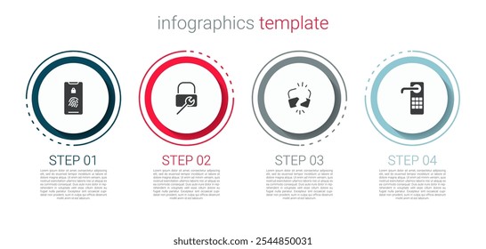 Set Móvil con escaneo de huellas dactilares, reparación de cerradura, cerradura rota o agrietada y puerta digital. Plantilla de infografía de negocios. Vector