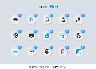 Set Mobile with fingerprint scanner, Folder and lock, Contract shield, Laptop password, Graphic protection, Fingerprint, Cloud computing and House under icon. Vector