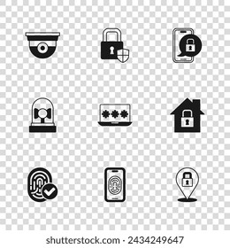 Mobiles Gerät mit Fingerabdruckscanner, House Under Protection, Schloss, Laptop-Passwort, geschlossenes Vorhängeschloss, Sicherheitskamera, Schildsicherheit und klingelndem Alarmglocke-Symbol. Vektor
