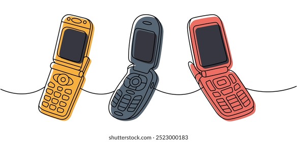 Conjunto de teléfonos móviles flip una línea de dibujo continuo de color. Antiguos artilugios de comunicación. Ilustración lineal de Vector.