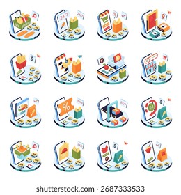 Conjunto de Ilustraciones isométricas de orden de alimentos móviles