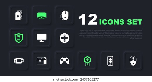 Set Mobile gaming, Computer mouse, monitor, Game rating with medal, Chess shield, Chest for game,  and controller joystick icon. Vector