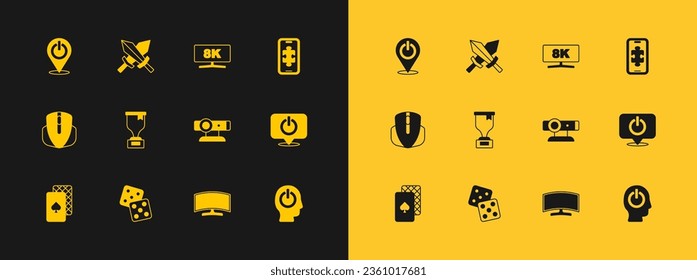 Setzen Sie Mobile Gaming, Game Würfel, Web-Kamera, Computer-Monitor, Award-Cup, Power-Button und Schwert für Spiel-Symbol. Vektorgrafik