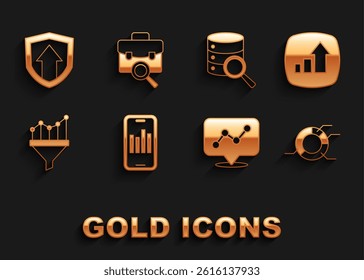 Set Mobile with graph, Financial growth, Pie chart infographic, Graph, Sales funnel, Server,  and Work search icon. Vector