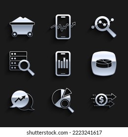 Set Mobile with graph, Search data analysis, Financial growth dollar, Pie chart infographic, Server,  and Coal mine trolley icon. Vector