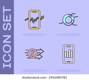 Set Móvil con gráfico, bolsa de valores, dólar de crecimiento financiero y gráfico circular icono infográfico. Vector