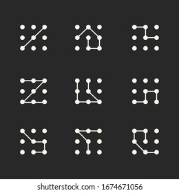 Set of mobile graphic keys on an isolated black background. Vector flat illustration.