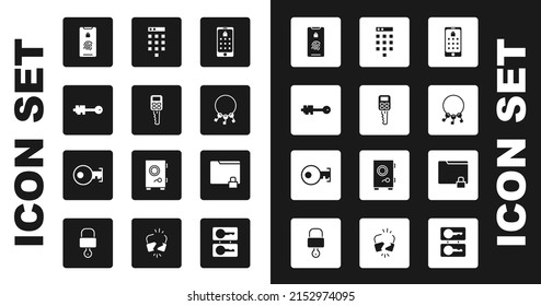 Set Mobile and graphic password, Car key with remote, Old, fingerprint scan, Bunch of keys, Password protection, Folder lock and Key icon. Vector