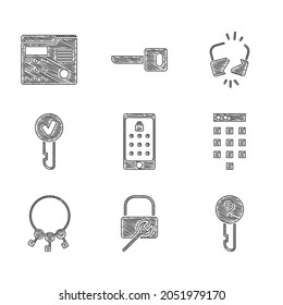 Set Mobile and graphic password, Lock repair, Undefined key, Password protection, Bunch of keys, Key, Broken cracked lock and House intercom system icon. Vector