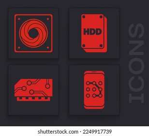 Set Mobile and graphic password protection, Computer cooler, Hard disk drive HDD and RAM, random access memory icon. Vector
