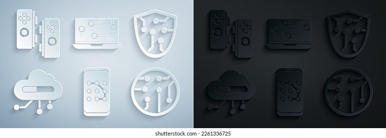 Set Mobile and graphic password protection, Cyber security, Internet of things, Processor, Laptop and Gamepad icon. Vector