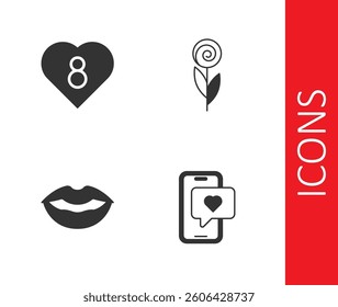 Set Mobile with heart, Heart 8 March, Smiling lips and Flower icon. Vector