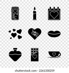 Set Mobile with heart, Burning candle, Calendar, Bottle love potion, Chocolate bar, Coffee cup, Heart and Healed broken icon. Vector