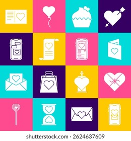 Set Mobile with heart, Candy in shaped box, Valentines day flyer, Wedding cake, Envelope,  and  icon. Vector
