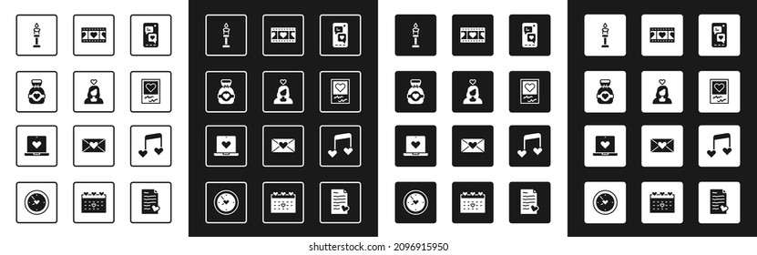 Set Mobile with heart, Couple in love, Chocolate candy, Burning candle, Photo frames hearts, Play Video, Music note, tone and Dating app online icon. Vector