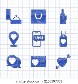 Set Mobile with heart, Dating app online, Amour and arrow, Heart tag, speech bubble, Location, Champagne bottle and Diamond engagement ring icon. Vector
