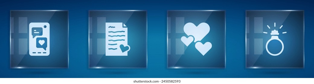 Conjunto móvil con corazón, sobre de San Valentín, corazón y anillo de compromiso de diamantes. Paneles de vidrio cuadrado. Vector