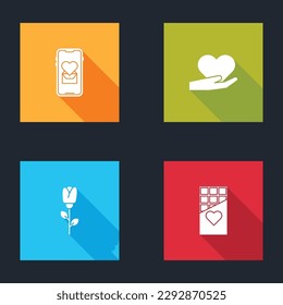 Set Mobile with heart, Heart in hand, Flower rose and Chocolate bar icon. Vector