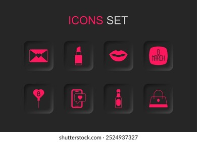 Set Mobile with heart, Lipstick, Envelope 8 March, Champagne bottle, Handbag, Smiling lips and Balloons icon. Vector