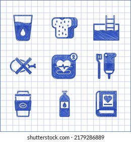 Set Mobile with heart rate, Bottle of water, Medical book, Toothbrush and toothpaste, Coffee cup go, No meat, Swimming pool ladder and Glass icon. Vector