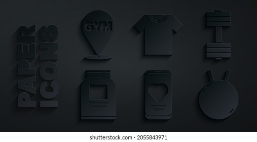 Set Mobile with heart rate, Dumbbell, Sports nutrition, Kettlebell, T-shirt and Location gym icon. Vector
